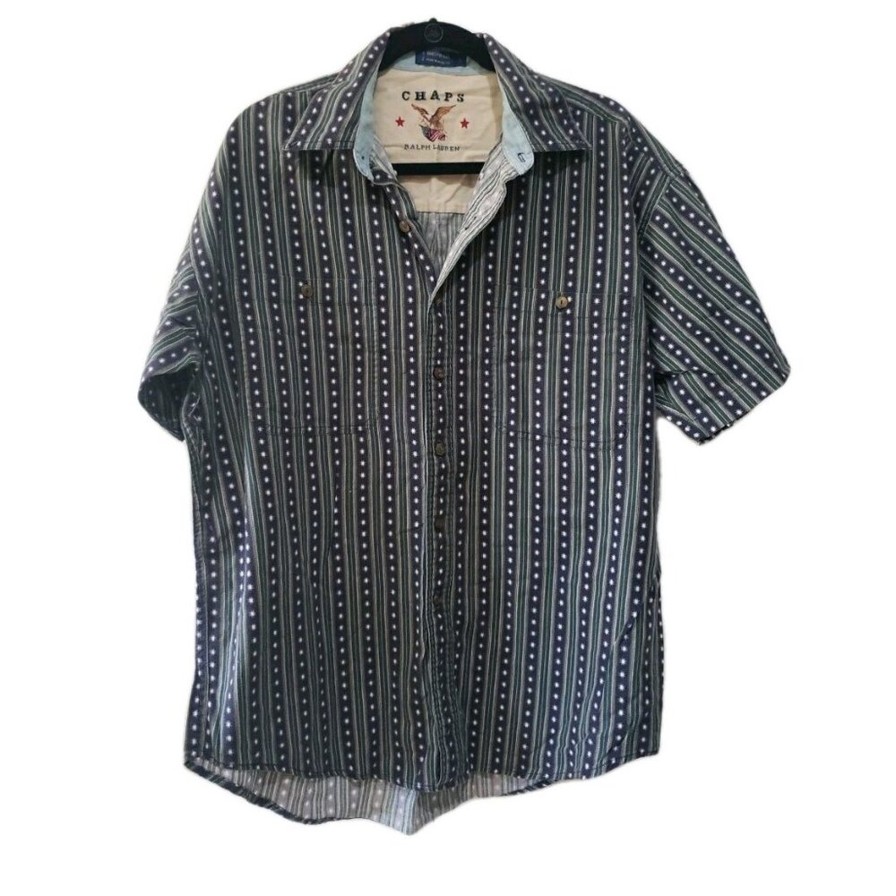 Chaps Ralph Lauren VTG Shirt Button Front Striped Cowboy Cotton L Blue